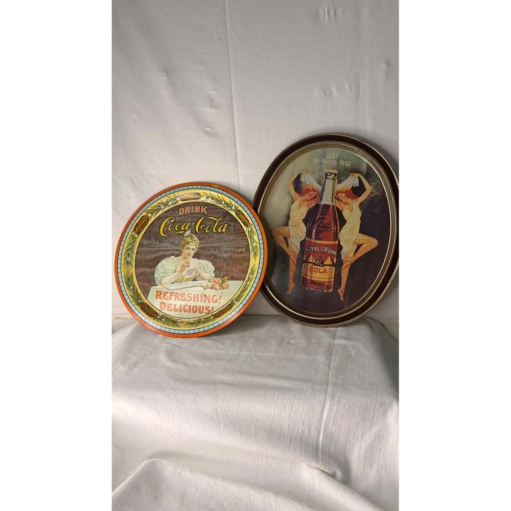 Vintage Coca-Cola 75th Anniversary & Royal Crown RC Cola Tin Serving Trays Set 2